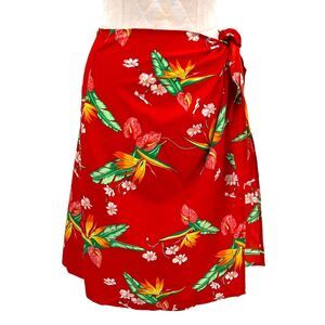 Vintage Hawaiian Red Floral Wrap‎ Mini Skirt Beach Coverup One Size